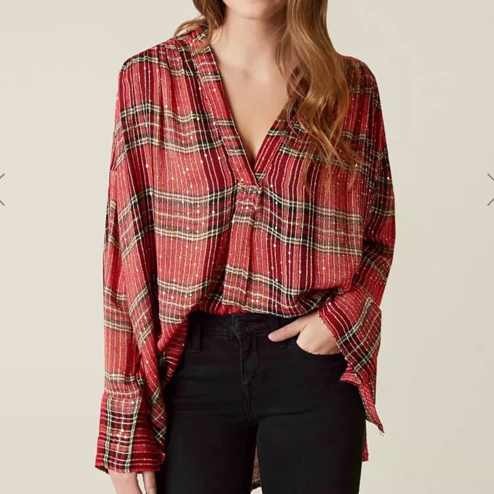 Free People Sz M Loose Fit Sequin Plaid Top EUC